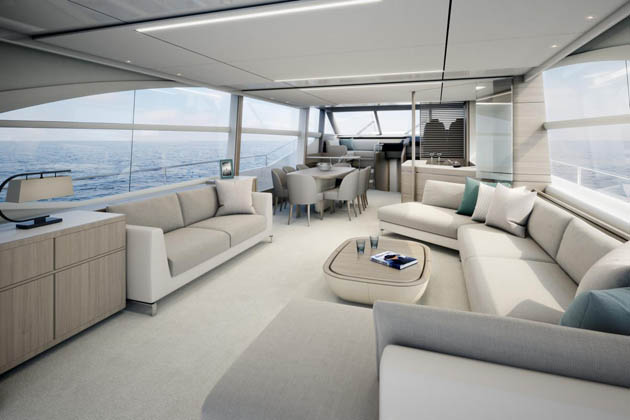 Natural light flows in to her main deck through extended window lines and a full-height window on the port side / Photo credit Simon Clare