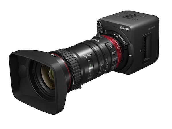 The new Canon ME200S-SH video camera fitted with the new CN-E18-80mm T4.4 L IS KAS S cine-servo zoom lens.