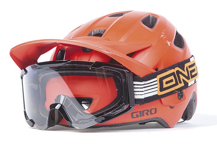 goggles on a mountain bike helmet