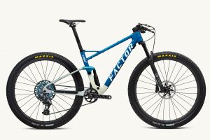 Side on photo of Factor Lando XC mountain bike in blue on white background