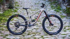 Side photo of the Santa Cruz Megatower standing on cobbled street in France