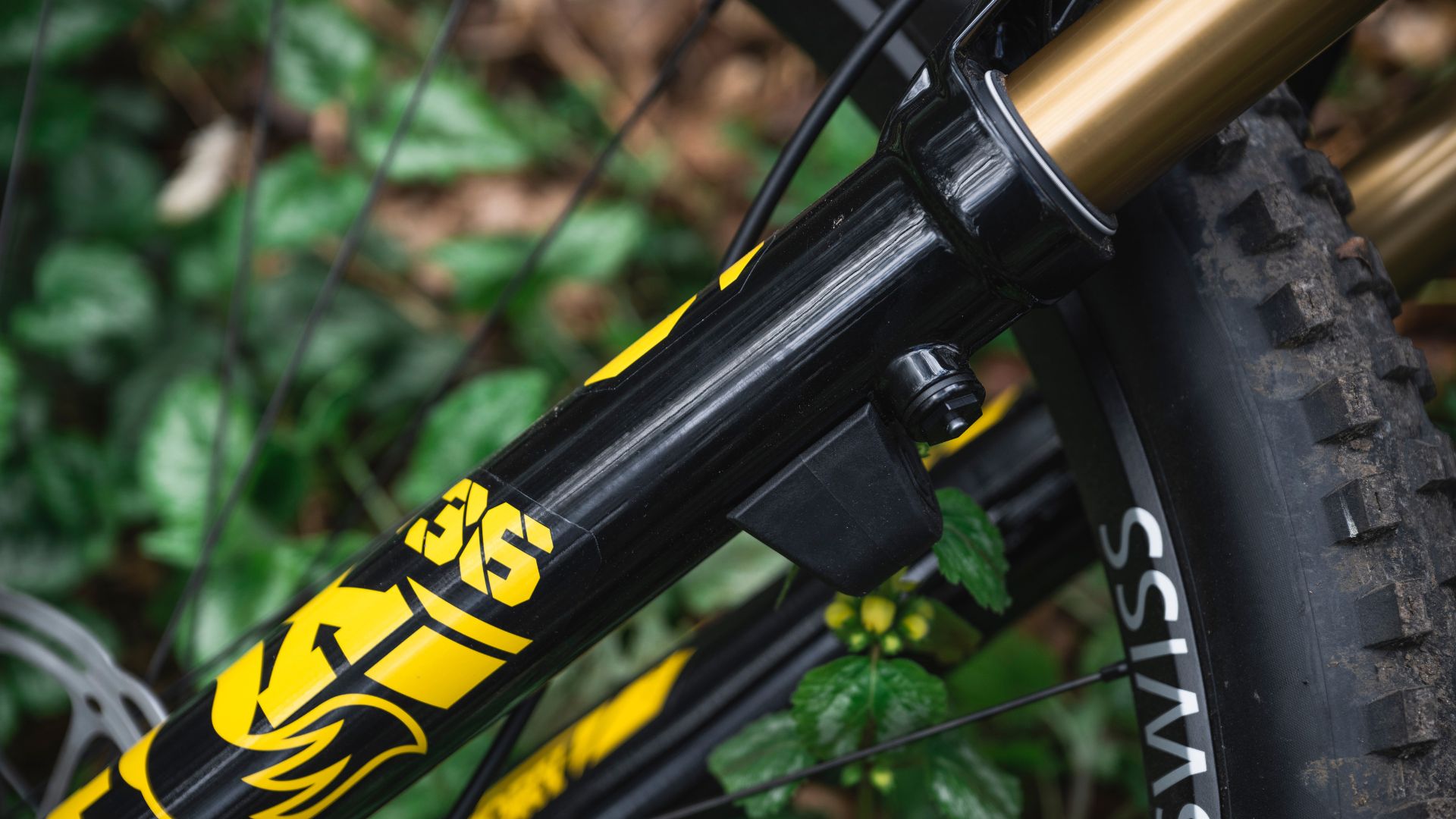 Detail photo showing the forks on the Mondraker Raze Carbon RR