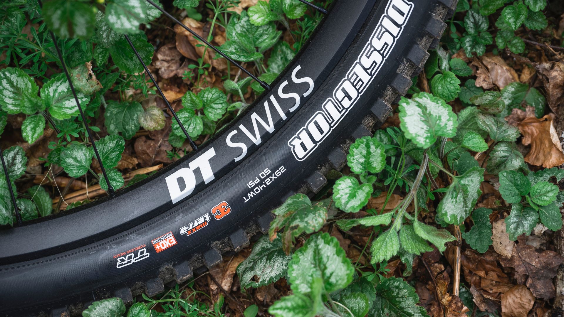 Detail photo showing the DT Swiss Wheels and Maxxis wheels on the Mondraker Raze Carbon RR