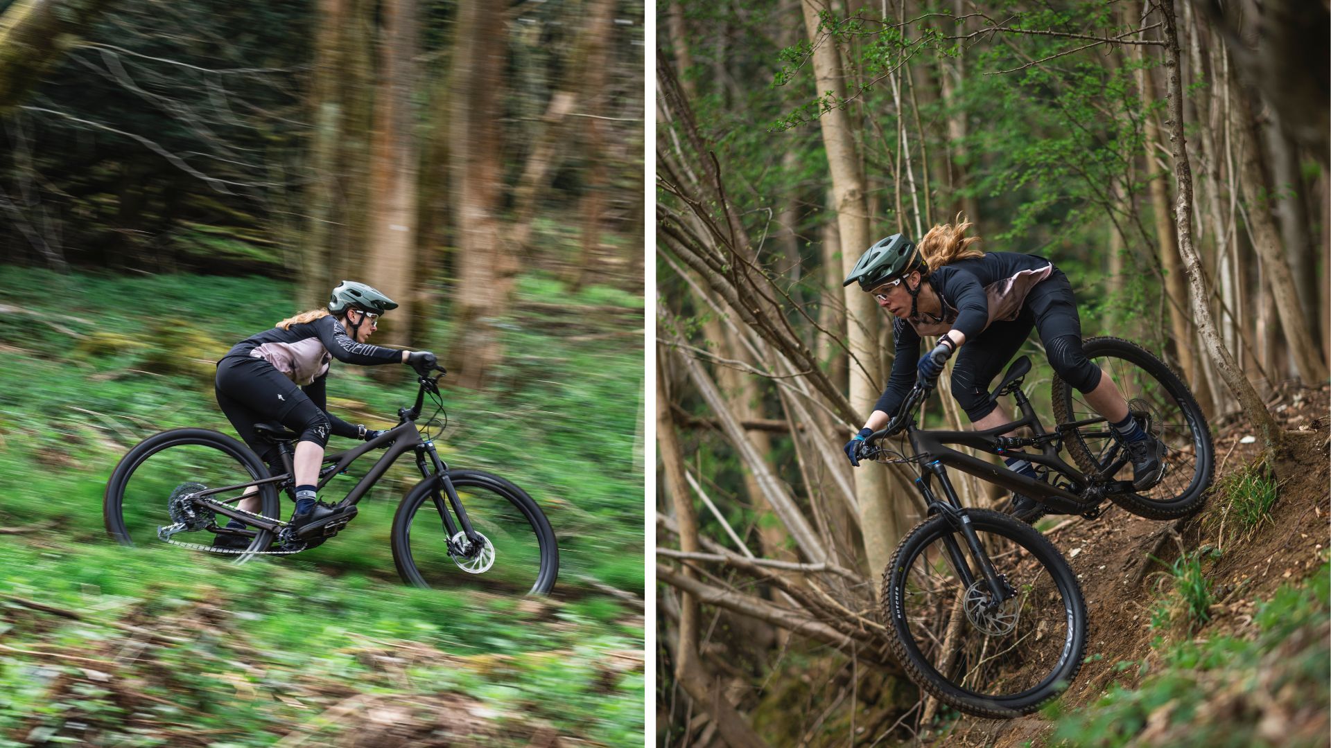 Two photos of a woman mountain biker riding the Specialized Stumpjumper Expert MY22
