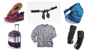 Collage of mountain bike products including Abus Helmet, Evoc bag, Patagonia waist bag and 100% knee pads