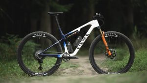 Canyon Lux World Cup CFR mountain bike standing in forest