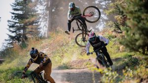 Mountain bikers Berrecloth, Zink and Strait riding in location in Jackson Hole for Esperanto