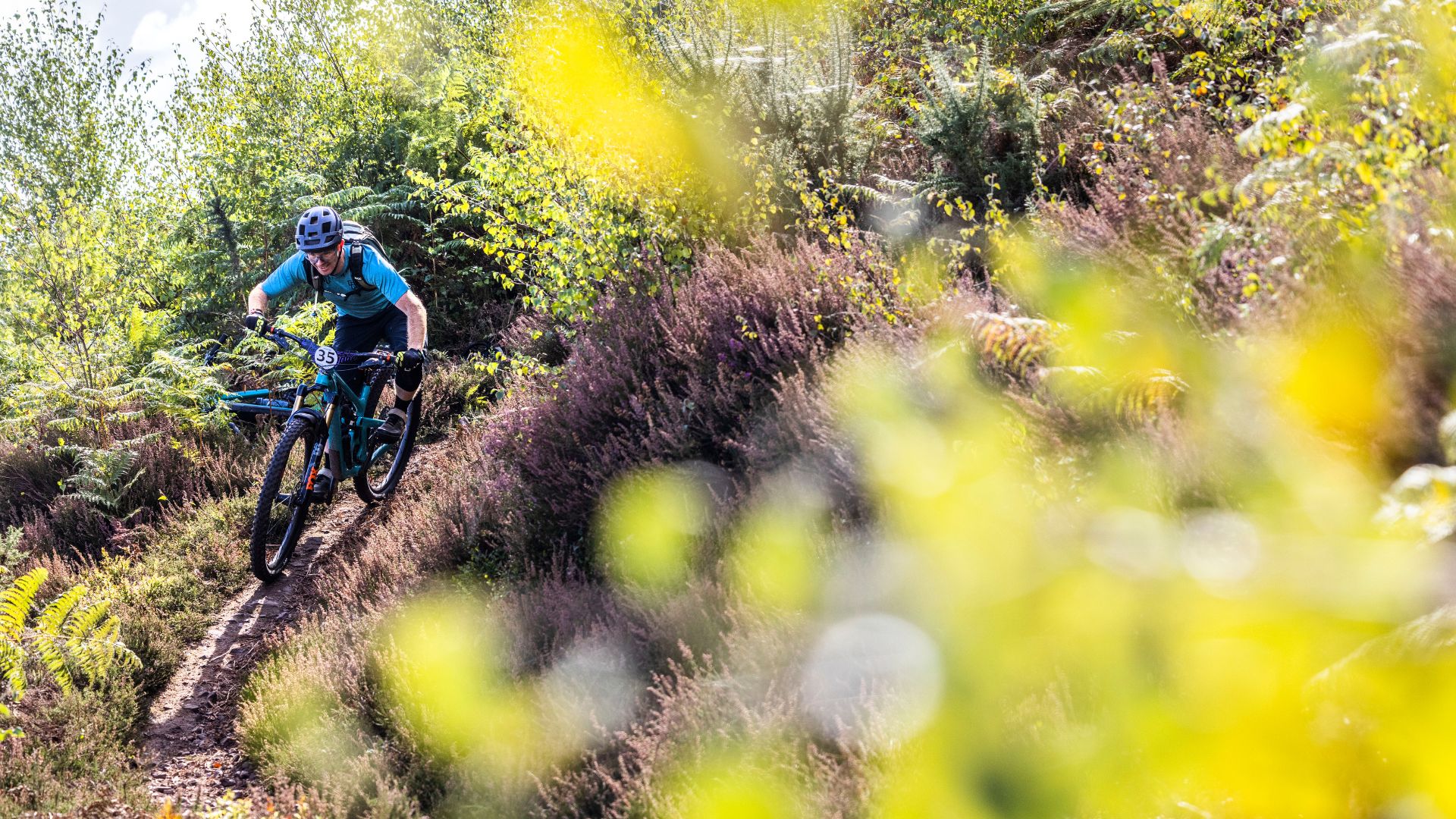 A mountain biker rides through the heather at the EX Enduro 2022