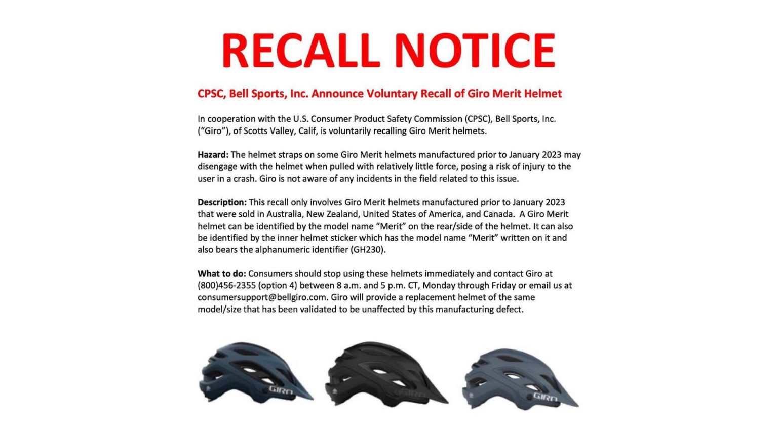 Giro Cycling issues recall notice on some Merit MTB helmets MBR