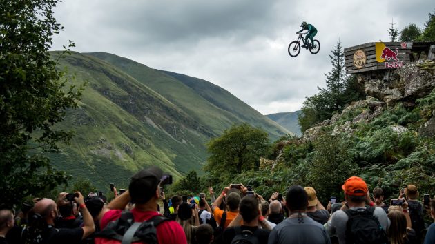 Taylor Vernon on the iconic road gap with fans looking on at the 2022 Red Bull Hardline