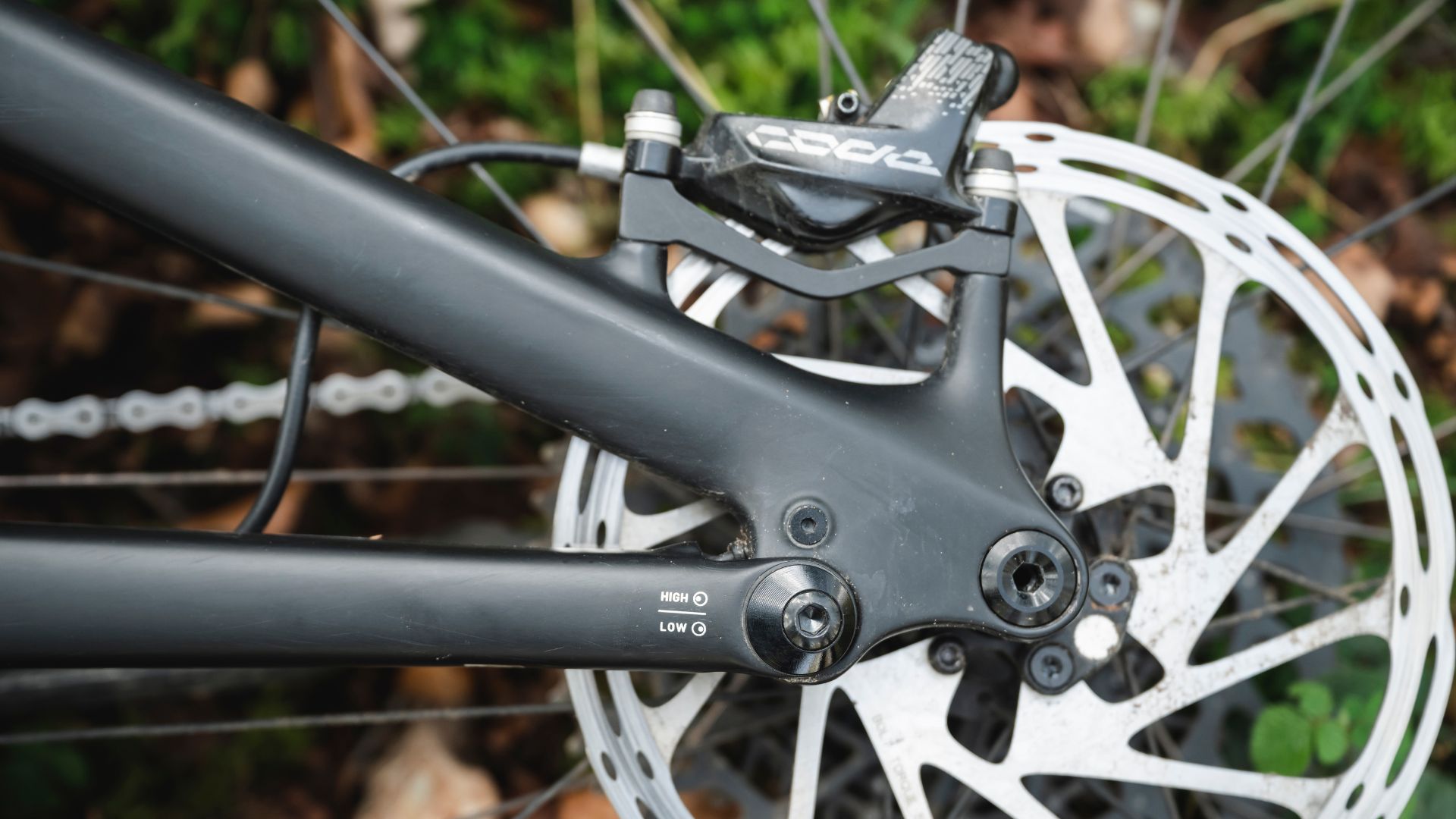 Rear axle showing flip chip on Specialized Turbo Levo Comp 2023 electric mountain bike