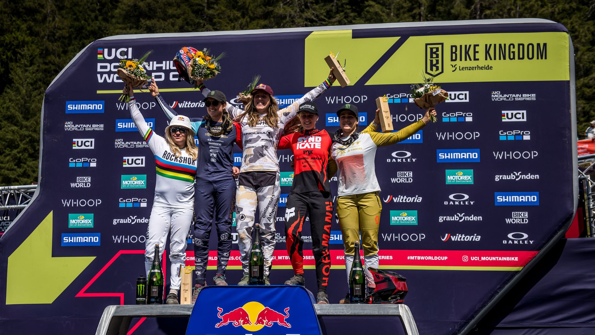 Rachel Atherton tops the podium at the UCI MTB DH World Cup in Lenzerheide 2023