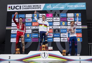 Andreas Kolb, Charlie Hatton, Laurie Greenland celebrate at UCI DH World Championships in Fort William, Scotland on August 05, 2023 // Bartek Wolinski / Red Bull Content Pool // SI202308050427 // Usage for editorial use only //