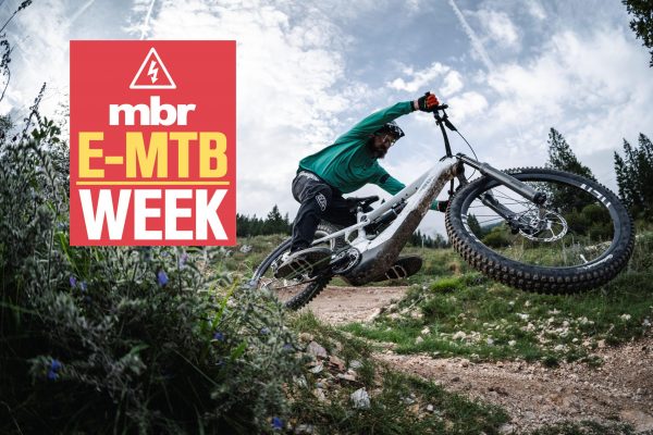 E-Bike Week featured image with e-bike rider manualling a corner in the Dolomites