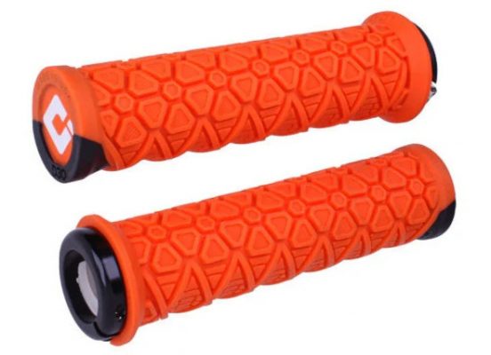 Pair of ODI Vanquish D3O grips for mountian bike, shot on a white background