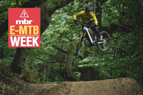 Jumping an e-bike in the woods
