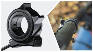 Montage showing the old Fazua Ring Controller mounted to a bike, and the new Mode Control switch on a plain background
