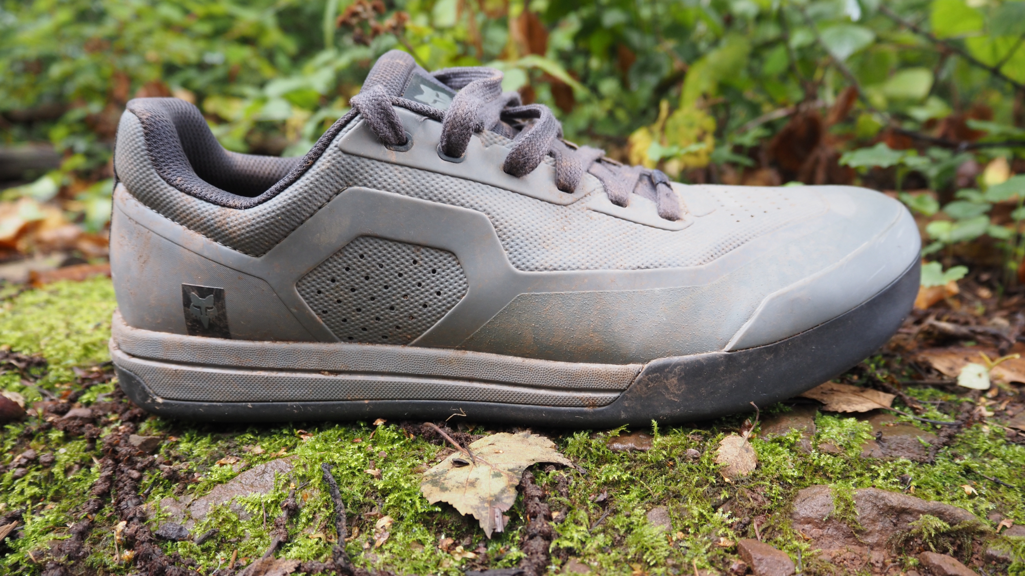 The Fox Union Flat Shoe seen from the side on forest floor