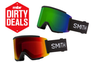 MBR Dirty Deals logo and two pairs of Smith Squad XL MTB goggles