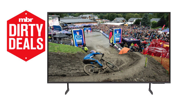 Samsung TV with a mountain bike downhill race on screen and the MBR deals logo