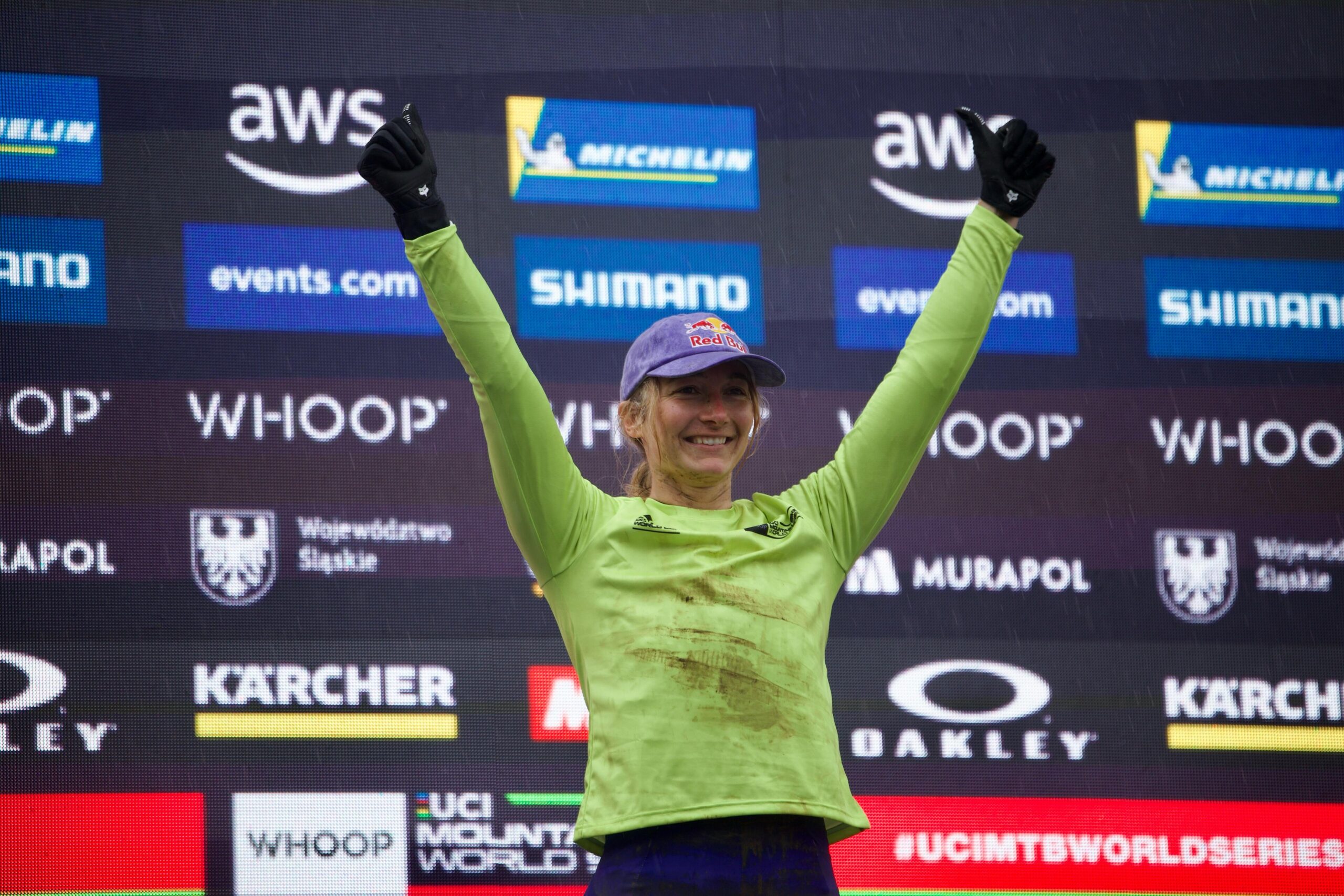 Tahnee Seagrave celebrates her first win of 2025, in Poland, and on the new Orbea DH bike