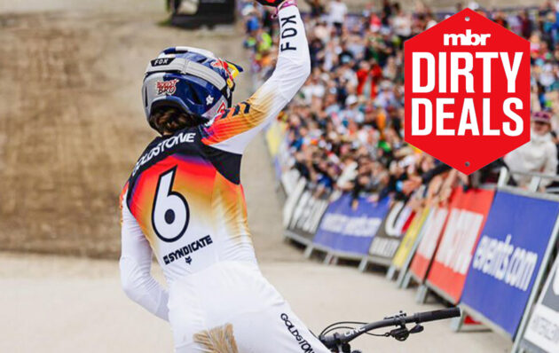 Jackson Goldstone wearing a Fox Rampage helmet celebrating in Leogang, Austria