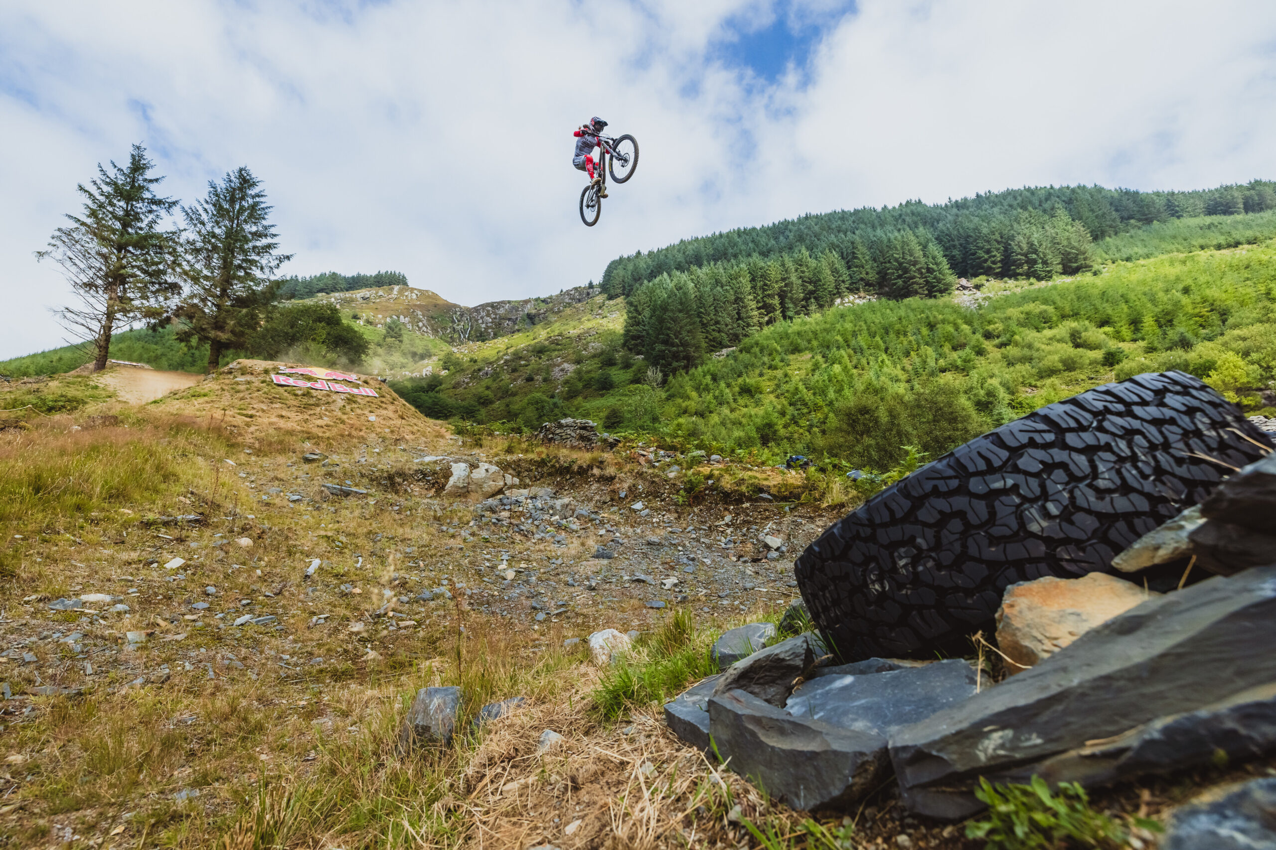 Mountain biker in the air on massive jump