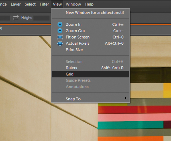 Converging verticals in Elements 7 - step 1. Open up your image in the main workspace and select the Grid tool (View>Grid). If the spacing of its lines is too large or small, select Edit>Preferences>Grid and adjust the numerical values until it looks right. Click OK.