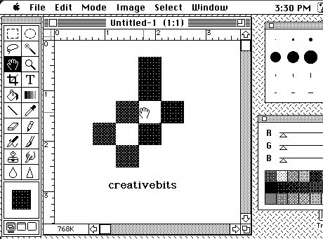 Early Photoshop interface: This shows a very early Photoshop interface before Photoshop was coded so that it could work with colour images. Screen capture courtesy of Creativebits.org.