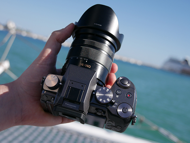 A view of the Lumix G7's top plate clearly revealing the mode dial on the right and drive mode dial to the left.