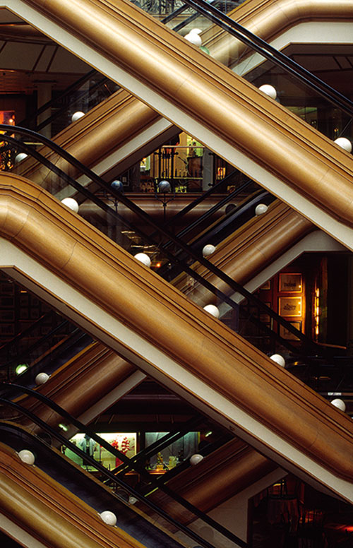 Inside this Glasgow shopping centre, the staircases and escalators make for interesting results (Canon T90, 50mm, 1/15sec at f/5.6, ISO 100)