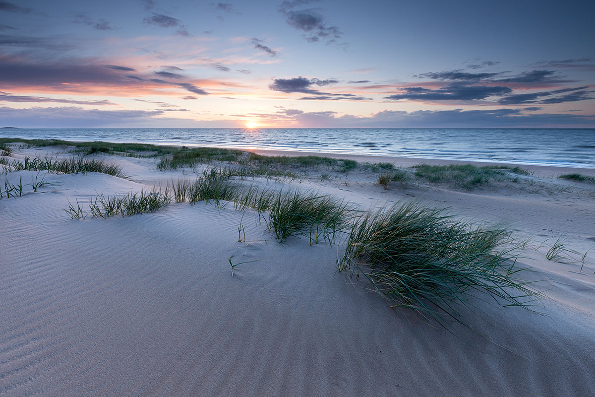 Norfolk's Brancaster beach at low tide - a broad stretch of sand fringed by dunes