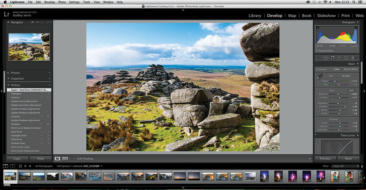 The Develop module is where you make adjustments to each image. Unlike the Develop module you can only view one image at a time. The filmstrip at the bottom of the window can be used to skip quickly between different images