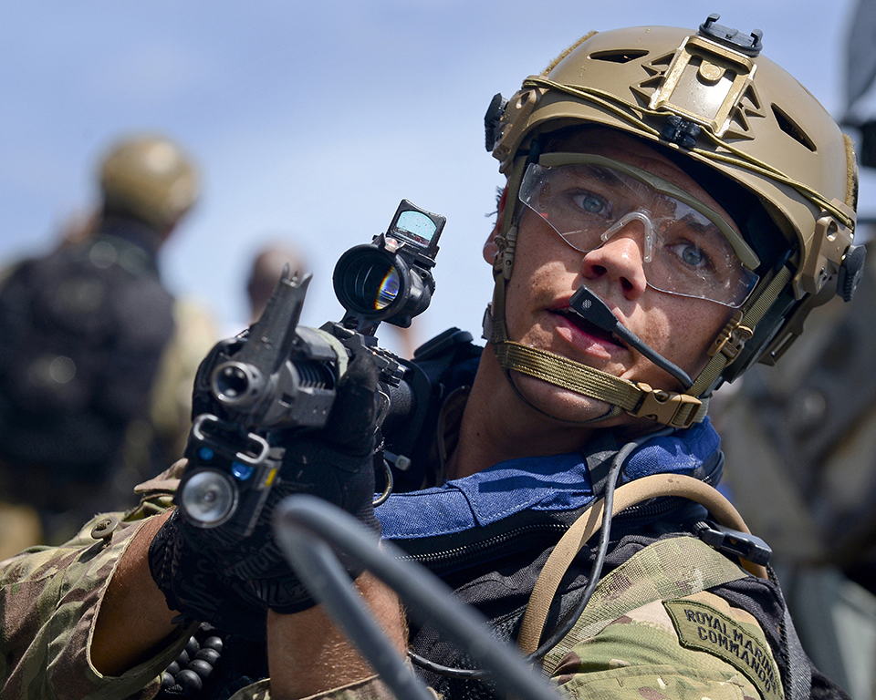 The Royal Navy Photographer of the Year 2016. Awarded to the best portfolio of 4 photographs of Service-related subjects submitted by an individual. Sponsor: Canon HMS Lancaster has come to the end of a busy but successful visit to Lagos, Nigeria. The aim of the visit was to conduct capacity building with the Nigerian Navy in order to improve maritime security in the Gulf of Guinea. Royal Marines Boarding Team, accompanied by the US Marine Corp team conducted boarding and search training at the Joint Maritime and Surveillance Training Centre Pictured is Marine Chase, during a boarding exercise. MoD Consent form held by the photographer.