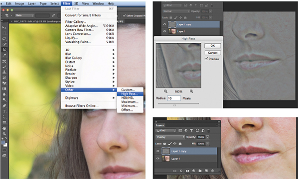 Duplicate the background layer and again, sharpen sparingly so it’s not crude or obvious
