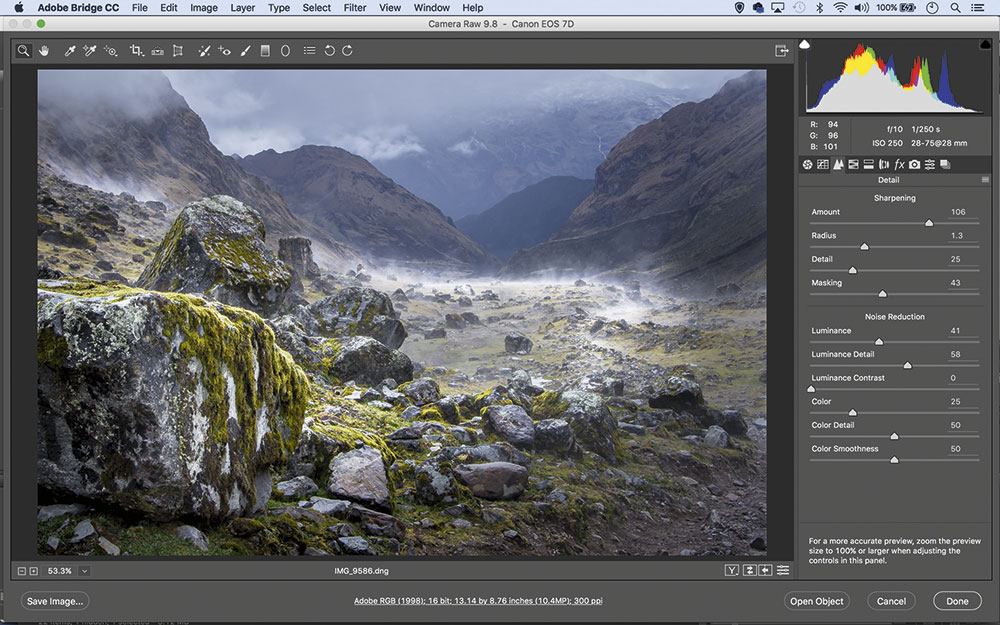 shooting raw detail panel in Camera Raw