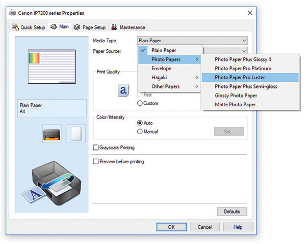 home printing settings