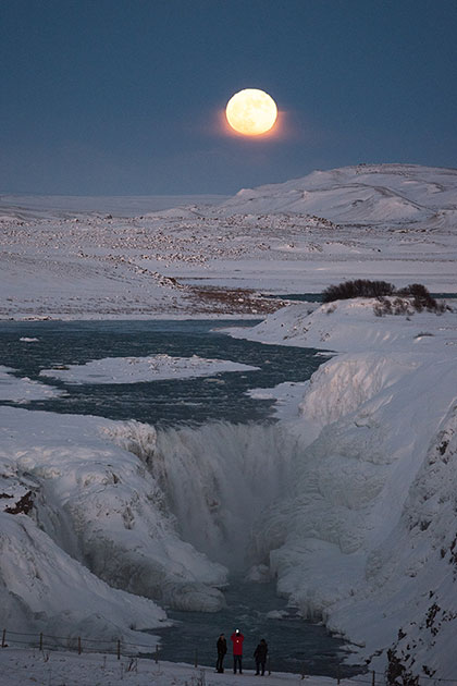 Lunar photography Super Moon over Gullfoss