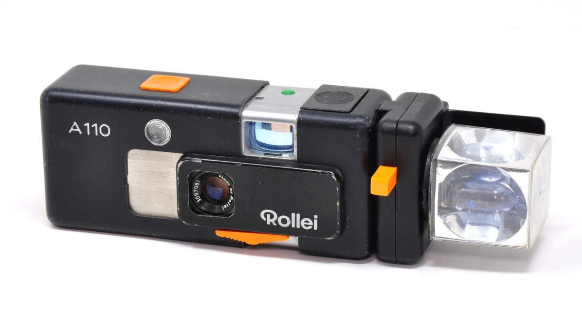 Rollei A110 with its dedicated flashgun and flashcube attached
