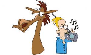 Cartoon horse and owner listening to music