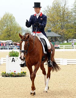 Thumbs up from William after completing his Rolex Kentucky Horse Trials dressage test on Chilli Morning. Photo by Nancy Jaffer