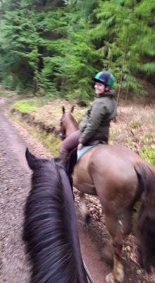 Heading through the woods with Emily and Fudge