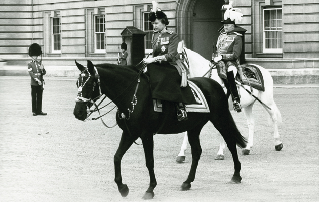 A reflective moment for the queen, riding Birmese, when she left Buckingham Palace for the Trooping the Colour Ceremony at Horse Guards June 11th 1983