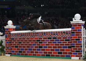 PETER SMYTH riding CAVALIER RUSTICANA during Puissance Show Jumping Class (Class 04), at The Equestrian.com Liverpool International Horse Show 2016 at Olympia, London, UK on 1st January 2016