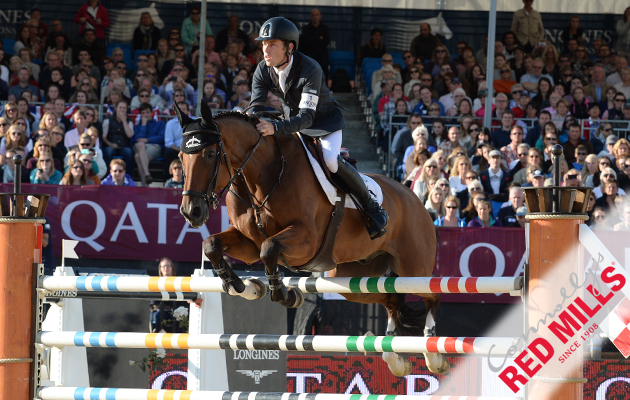 Scott Brash (GB) riding Hello Sanctos placed 1st in the Grand Prix Presented by Qatar at the Longines Global Champions Tour of London taking place on Horse Guards Parade in central London between the 14-16th August 2014