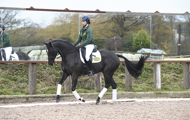 Jodie Stokes on one of Ruth's horses; the 3rd horse during Ruth Edge's training master class at her base at Foston Stud, Hay Lane, Foston in South Derbyshire, UK on 24 November 2015