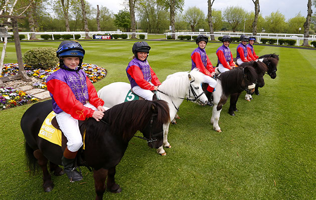 Jockeys and ponies line up in the Royal Windsor Racecourse parade ring