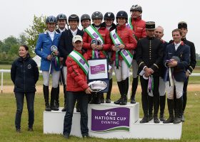 1st Germany (Josefa Sommer (GER) riding HAMILTON 24, Peter Thomsen (GER) riding HORSEWARE'S BARNY, Josephine Schnaufer (GER) riding SAMBUCCA 10 and Bettina Hoy (GER) riding SEIGNEUR MEDICOTT) 2nd Australia (Sam Griffiths (AUS) riding BEAUREPAIRE NEMO, Andrew Hoy (AUS) riding RUTHERGLEN, Kevin McNab (AUS) riding WONHAM WHAT NEXT and Tim Boland (AUS) riding GV BILLY ELLIOT) 3rd France (Denis Mesples (FRA) riding OREGON DE LA VIGNE, Geoffroy Soullez (FRA) riding MADIRAN DU LIOT, Didier Dhennin (FRA) riding TROUBADOUR CAMPHOUX and Landeghem Matthieu Van (FRA) riding TROUBLE FETE ENE HN) during the Nations Cup during The Houghton International Horse Trials at Houghton Hall near Kings Lynn in Norfolk, UK between 26th - 29th May 2016