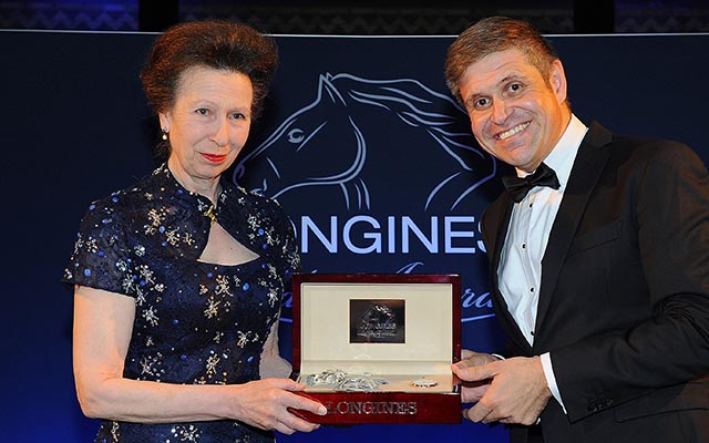 LONDON, ENGLAND - JUNE 13:  HRH Princess Anne, The Princess Royal is awarded the Longines Ladies Award by Juan-Carlos Capelli, VP and head of international marketing for Longines during the Longines Ladies Awards at the National History Museum on June, 13, 2016 in London, United Kingdom. The event honoured Her Royal Highness The Princess Royal for her lifelong commitment to equestrian sport.  (Photo by Eamonn M. McCormack/Getty Images for Longines ) *** Local Caption *** Princess Anne;The Princess Royal;Juan-Carlos Capelli