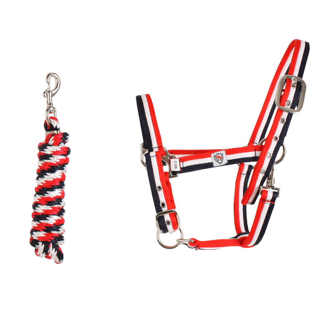 John Whittaker webbed soft sports head collar and leadrope navy-red and white-111177NRW_2-1100